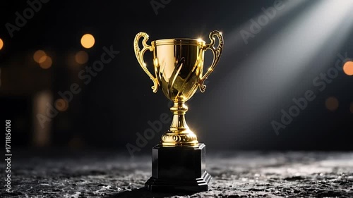 Golden Trophy Award Under Dramatic Spotlight Against Dark Background