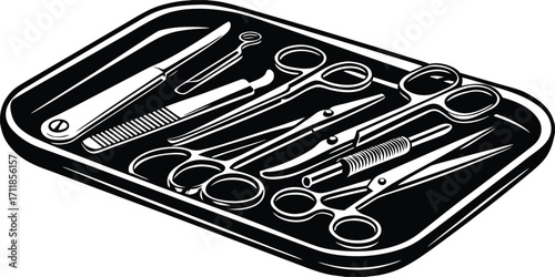 Flat Vector Illustration of Surgical Tools – Scalpel, Forceps, Scissors, and Clamps on Sterile Tray