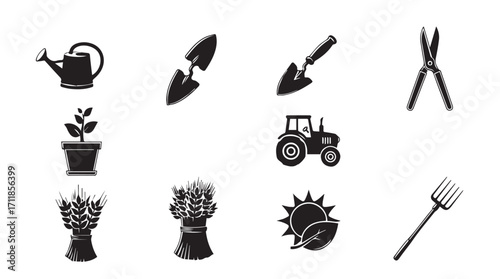 Collection of agricultural and gardening tools and elements silhouette