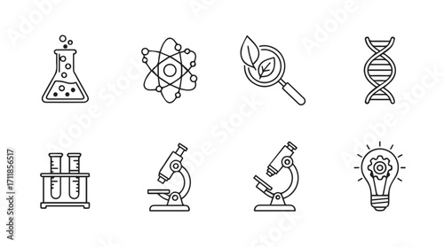 Collection of science and research icons in a hand drawn silhouette style