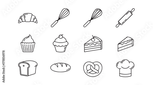 Collection of hand drawn bakery and pastry icons in a simple silhouette style