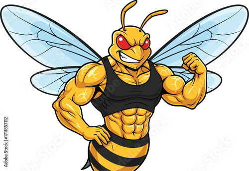Muscular strong bee character, flexing arm, fitness insect, cartoon bee with muscles, gym insect mascot, buff bee, powerful flying bee, yellow black stripes, strong insect