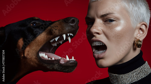 Studio portrait of woman with short platinum blonde hair, freckles, hoop earrings, black outfit, sharp lighting, blue background. Doberman with diamond grillz, luxurious collar, black and tan fur, pow