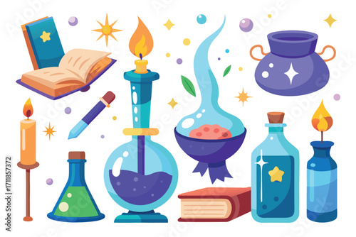 Set of glowing magical potion bottles arcane spellbook and enchanted items vector illustration