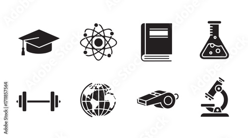 Collection of education and science icons including graduation cap atom book flask dumbbell globe whistle and microscope silhouette