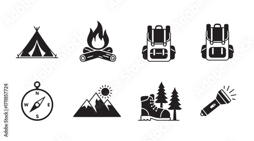 Collection of outdoor adventure and camping icons in silhouette style