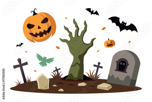 Spooky halloween zombie hand emerging from grave vector illustration for festive designs