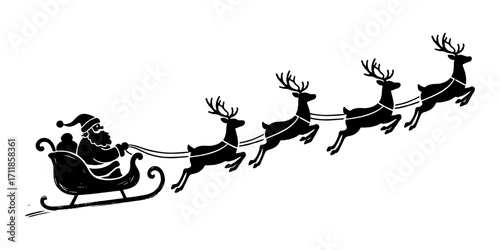 Santa Claus silhouette riding sleigh led by four flying reindeer, black ink style on white background, concept of Christmas magic journey