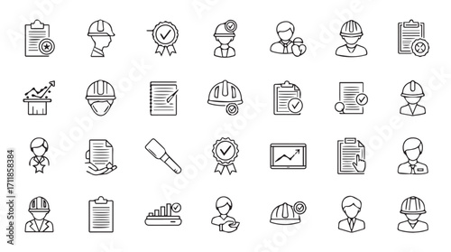 Collection of hand drawn construction worker and safety icon silhouette illustrations