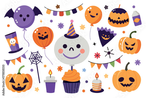 Spooky halloween vector elements set festive pumpkins bat balloons festive decorations