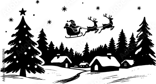 Santa Claus in sleigh with reindeer flying over snowy village, silhouette style, white background, concept of Christmas magic and winter joy