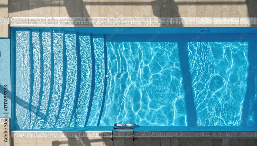 Obraz premium Above-view of a rectangular swimming pool with steps and a ladder
