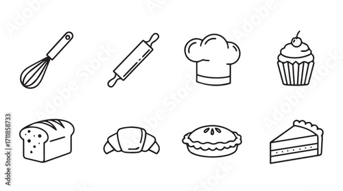 Collection of baking icons and ingredients in a simple line drawing silhouette