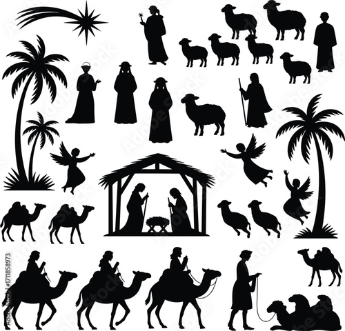 Nativity scene silhouette, Christmas manger, holy family, three wise men, shepherds, angels, palm trees, star, camel, religious holiday, traditional, biblical, festive season