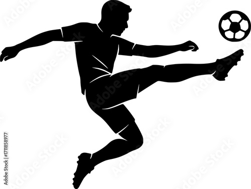 Black and white vector outline silhouette of a footballer kicking the ball mid-air, minimal monochrome sports illustration for soccer design, posters, and athletic concepts.