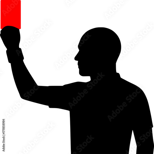 Minimal black and white vector silhouette of a referee showing a red card, monochrome sports illustration for football design, officiating, and soccer concepts.