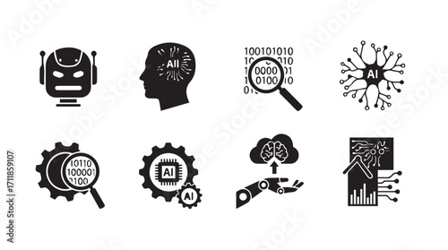 Collection of ai and technology icons in a modern silhouette style
