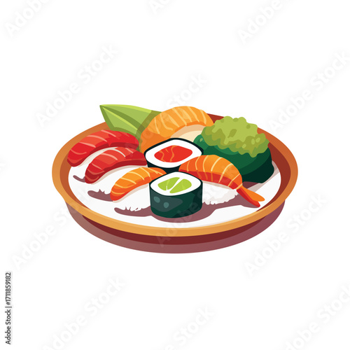 A plate of assorted sushi with salmon, tuna, and avocado rolls.