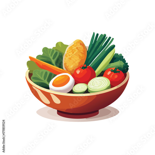 Illustration of a bowl filled with fresh vegetables and a boiled egg.