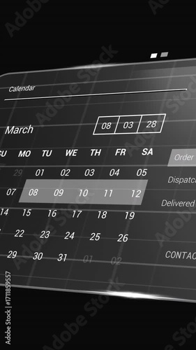 Animation of digital interface with calendar and data processing on black background