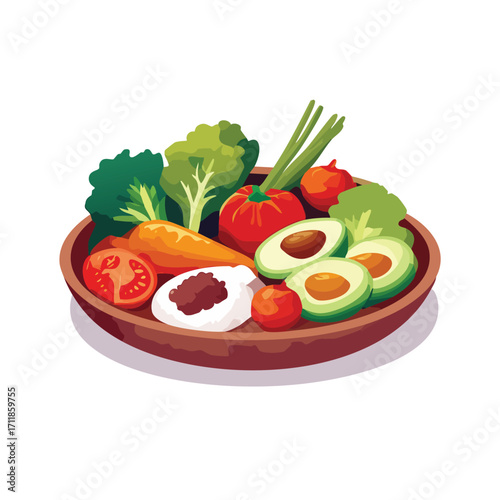 Illustration of a bowl filled with fresh vegetables and avocado halves.