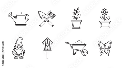 Collection of garden icons including watering can gnome tools plants birdhouse wheelbarrow butterfly silhouette