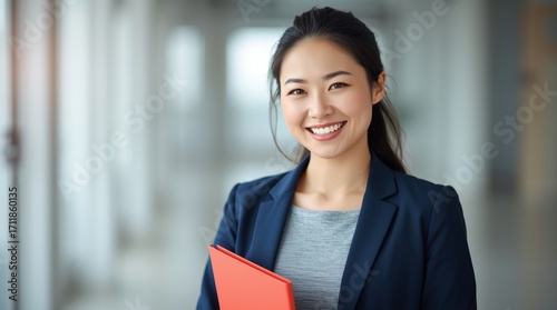 A professional-looking East Asian woman in her late 20s or early 30s is standing in a modern office hallway. 
