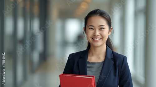 A professional-looking East Asian woman in her late 20s or early 30s is standing in a modern office hallway. 
