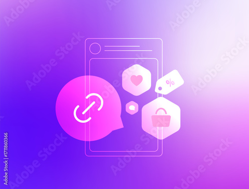 Social commerce integration with shoppable posts, product tags and instant checkout in-app purchases. Social live shopping with AI recommendations to boost e-commerce conversions, vector illustration