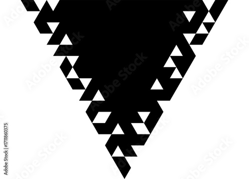 Vector black triangle on a white background with broken edges. Modern pattern. Design item with a place for text. Vector background with a place for text