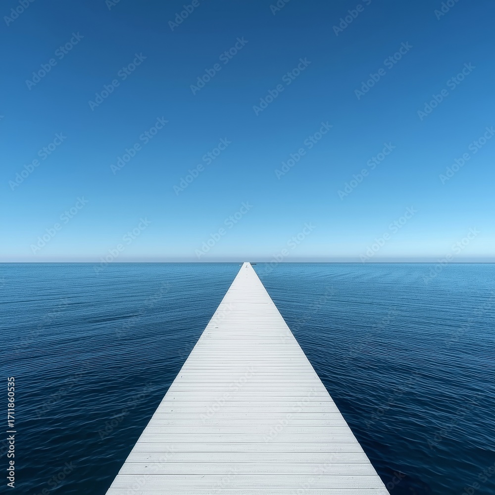 Obraz premium A minimalist and serene landscape featuring a long, white wooden pier extending directly from the foreground into the deep blue ocean. 