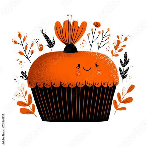 Pumpkin Pie. Cute orange cupcake with smiling face and floral accents  