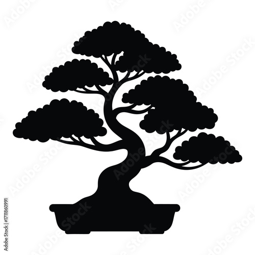 Silhouette of a twisted bonsai tree in a pot for artistic designs silhouette