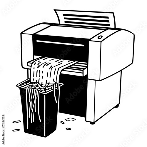 Printer shredding paper into waste bin in black and white design  