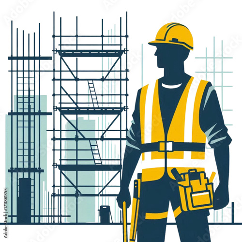 Construction worker standing at building site with scaffolding  
