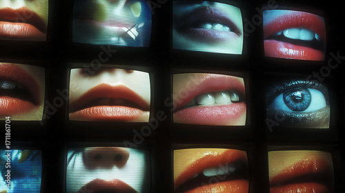 Frontal wall of TVs showing lips and eyes blinking and looking around randomly. Fixed perspective, only eyes move