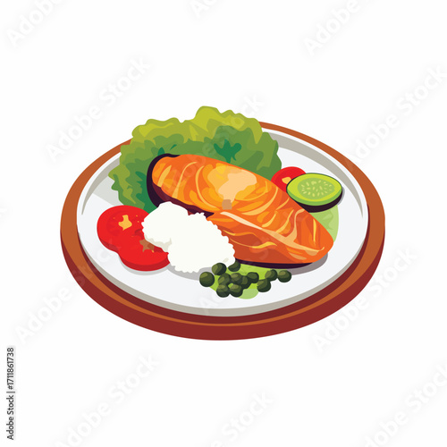 Illustration of a salmon fillet served with rice, tomatoes, and lettuce on a plate.