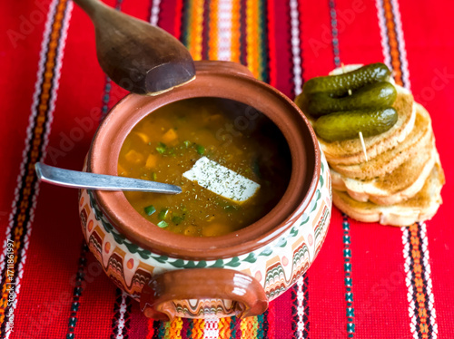 Traditional Balkan Lentil Soup with Pickles, White Cheese and Toast, Bulgarian Serbian Cuisine