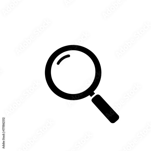 A black handle on an isolated magnifying glass for searching and magnifying objects