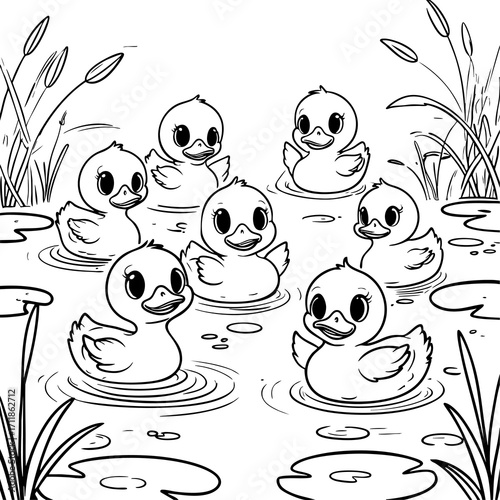 Happy ducklings in the pond