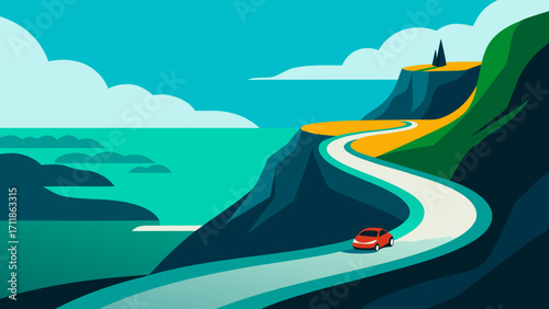 Scenic Road Along Coast with Car