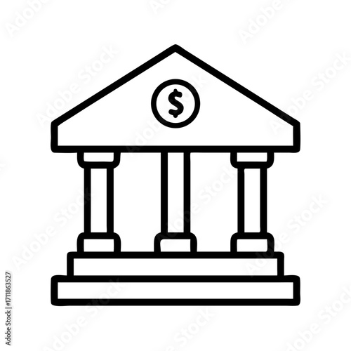 Simple outline icon of a bank building with a dollar sign isolated on transparent background