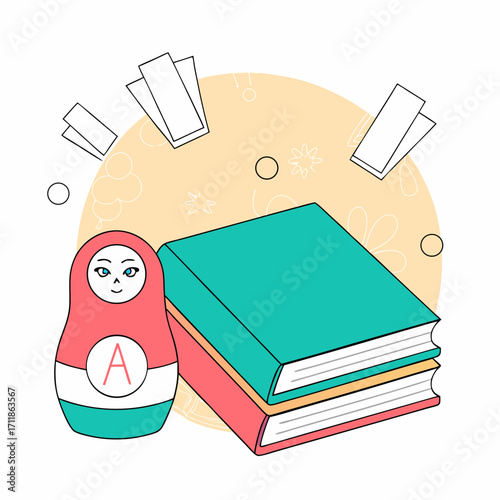 Books with Russian Doll and Stationery – Education Vector Illustration