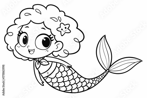 Adorable Cartoon Mermaid with Curly Hair and Starfish.