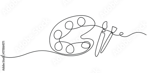 Palette and paint brush continuous one line drawing vector illustration, hand drawn and sketch style.  Continuous one line drawing of a art materials. one line art palette and brush vector icon. 



