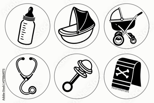 Baby Care Essentials Icons Collection.