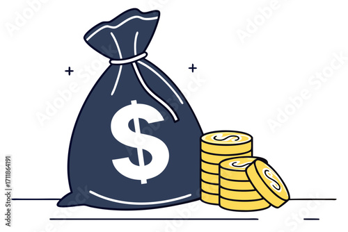 Bag of Money with Stacked Coins.
