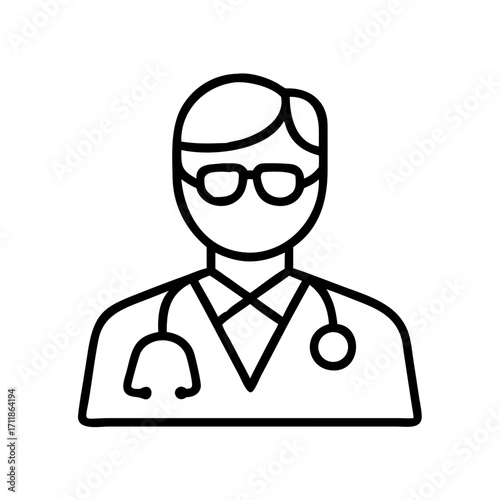 Simple line art icon of a doctor wearing glasses with a stethoscope isolated on transparent background
