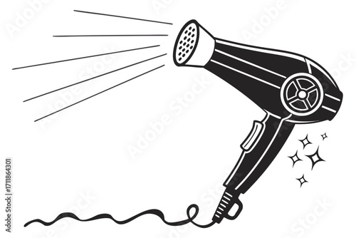 Black and White Hair Dryer Icon with Airflow.