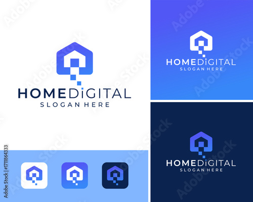 Home House Building Digital Solution Tech Network Simple Modern Icon Vector Logo Design Illustration